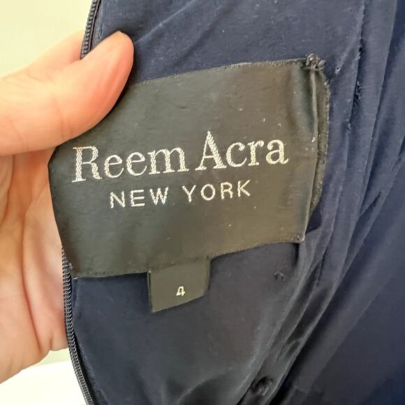 Reem Acra Beaded Embellished Mesh Back Gown Navy Blue Size 4 - Picture 8 of 13